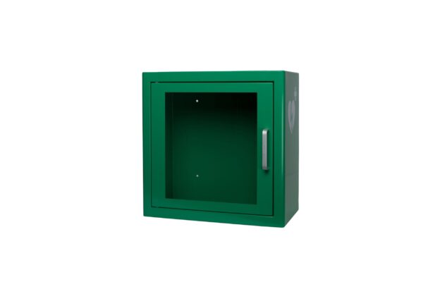 Green Indoor Alarmed AED Defibrillator Cabinet Front