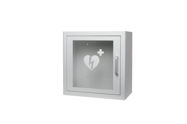 White Metal Indoor Alarmed AED Defibrillator Cabinet Front